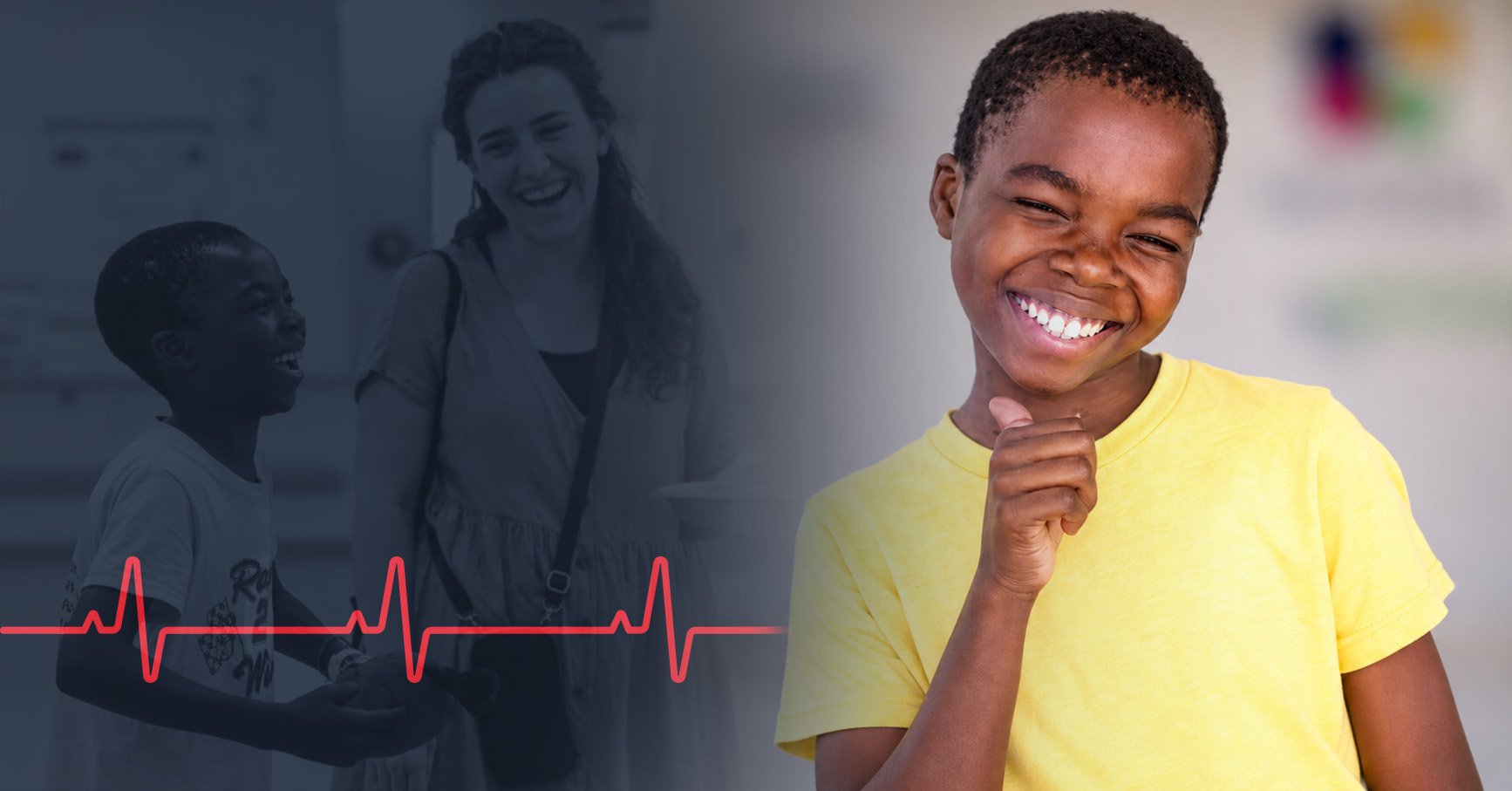 Haggai smiling in a yellow shirt beside a heartbeat line